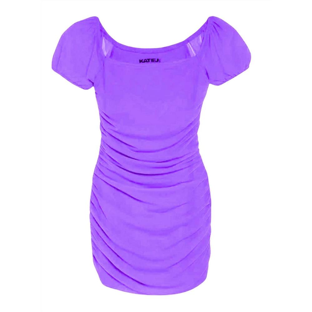 Katie J NYC Lavender Puff-Sleeve Ruched Casual Dress